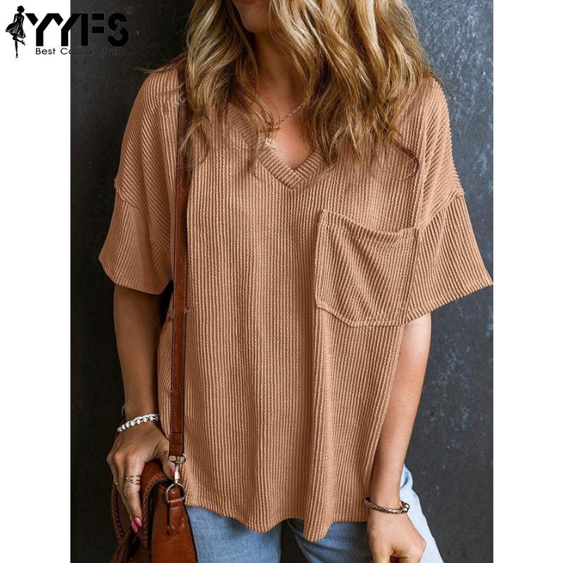 YYFS Women's Fashion Casual Solid Color Print Summer Spring Short Sleeve V-Neck Blouses & Shirts