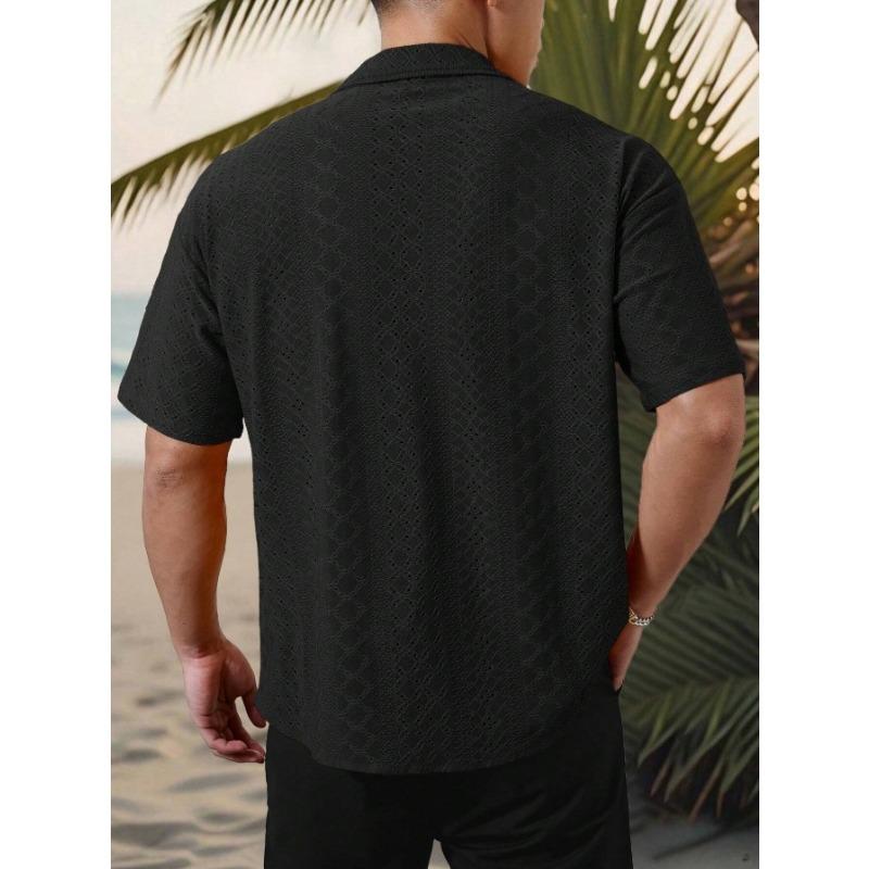 Spring Popular Men's Hollow Jacquard Short Sleeve Shirt Versatile Casual Breathable Comfortable Top