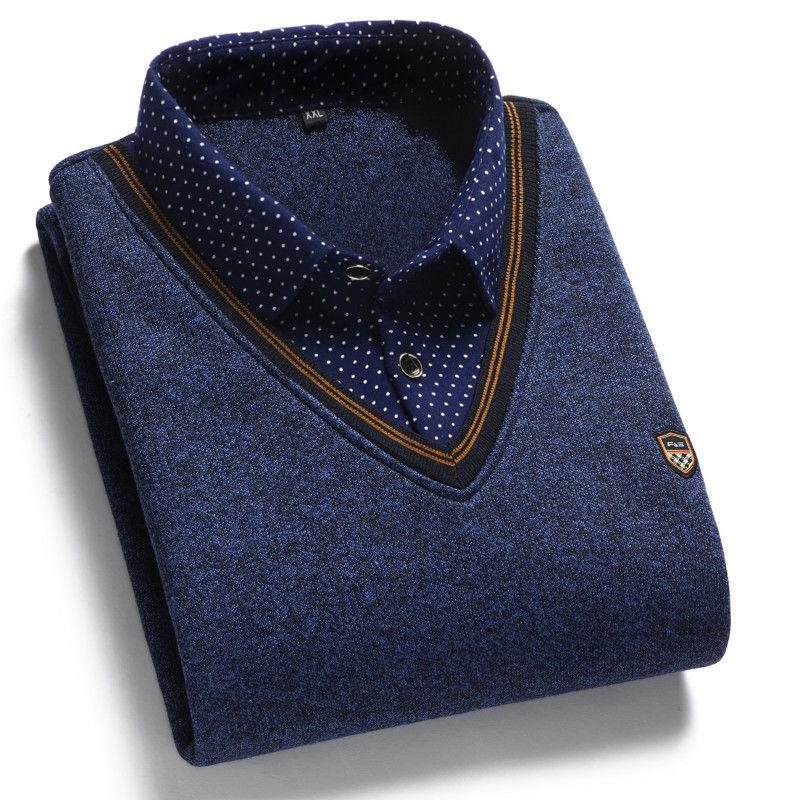 Men's Fleece-Lined Two-Piece Shirt Collar Sweater for Middle-Aged & Elderly