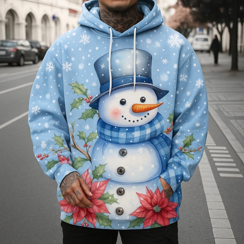 Women's Men Christmas Snowman Print Hoodie, Festive Winter Design, Long Sleeve Hooded Style, Seasonal Holiday Casual Wear