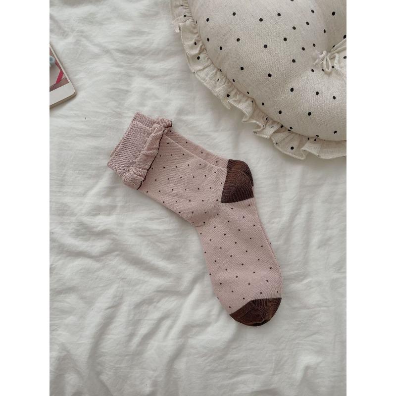 Autumn and Winter Trendy Color-blocking Women's Mid-calf Socks, Cute Cartoon Puppy Socks, Pure Cotton Versatile Lace Women's Socks