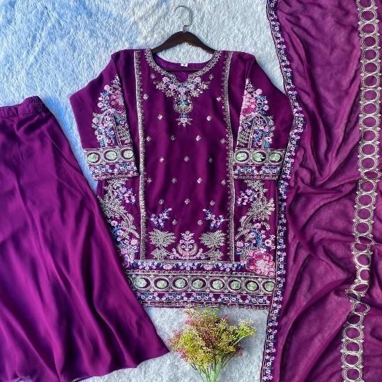Regal Deep Purple Georgette Sharara Suit with Vibrant Floral Embroidery M