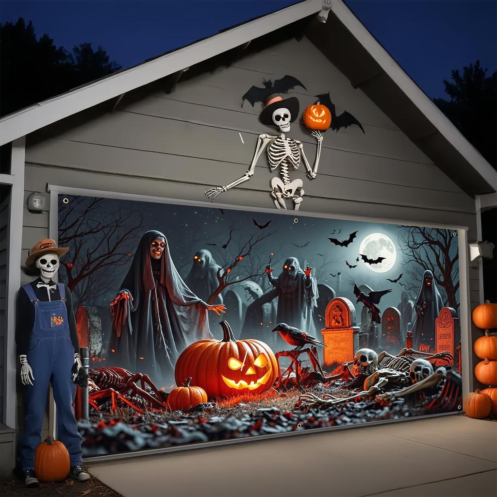 2D banner 1 piece Halloween garage door decoration with pumpkin bat tombstone and ghost design Halloween decoration