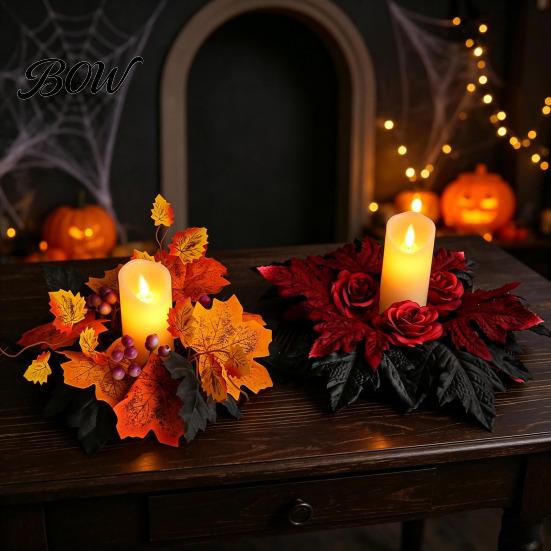Reusable Plastic Props Halloween Floral Candle Ring, Artificial Maple Rose Wreath for Indoor Outdoor Holiday Decor Holder, Spooky Table Centerpiece