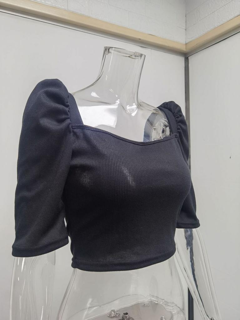Women's Spring New Women's Simple Square Neck Puff Sleeve Top Women's Short Sleeve