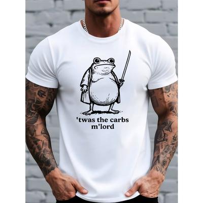 Europäische Größe Lustiges Frosch-T-Shirt für Herren mit dickbäuchigem Frosch & Buchstabendruck - Atmungsaktives Kurzarm-Rundhals-Freizeit-Sommeroberteil, Waschmaschinenfest