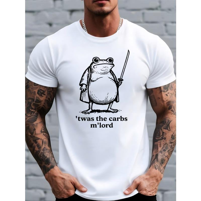 Europäische Größe Lustiges Frosch-T-Shirt für Herren mit dickbäuchigem Frosch & Buchstabendruck - Atmungsaktives Kurzarm-Rundhals-Freizeit-Sommeroberteil, Waschmaschinenfest