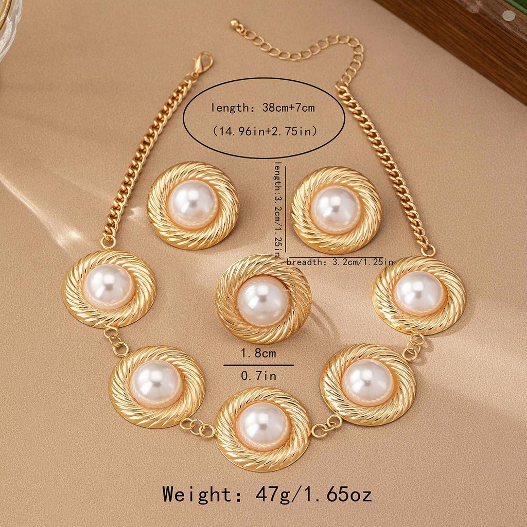 Round Imitation Pearl Pendant Choker Ring Earrings Set Women Chic Party Jewery Accessory