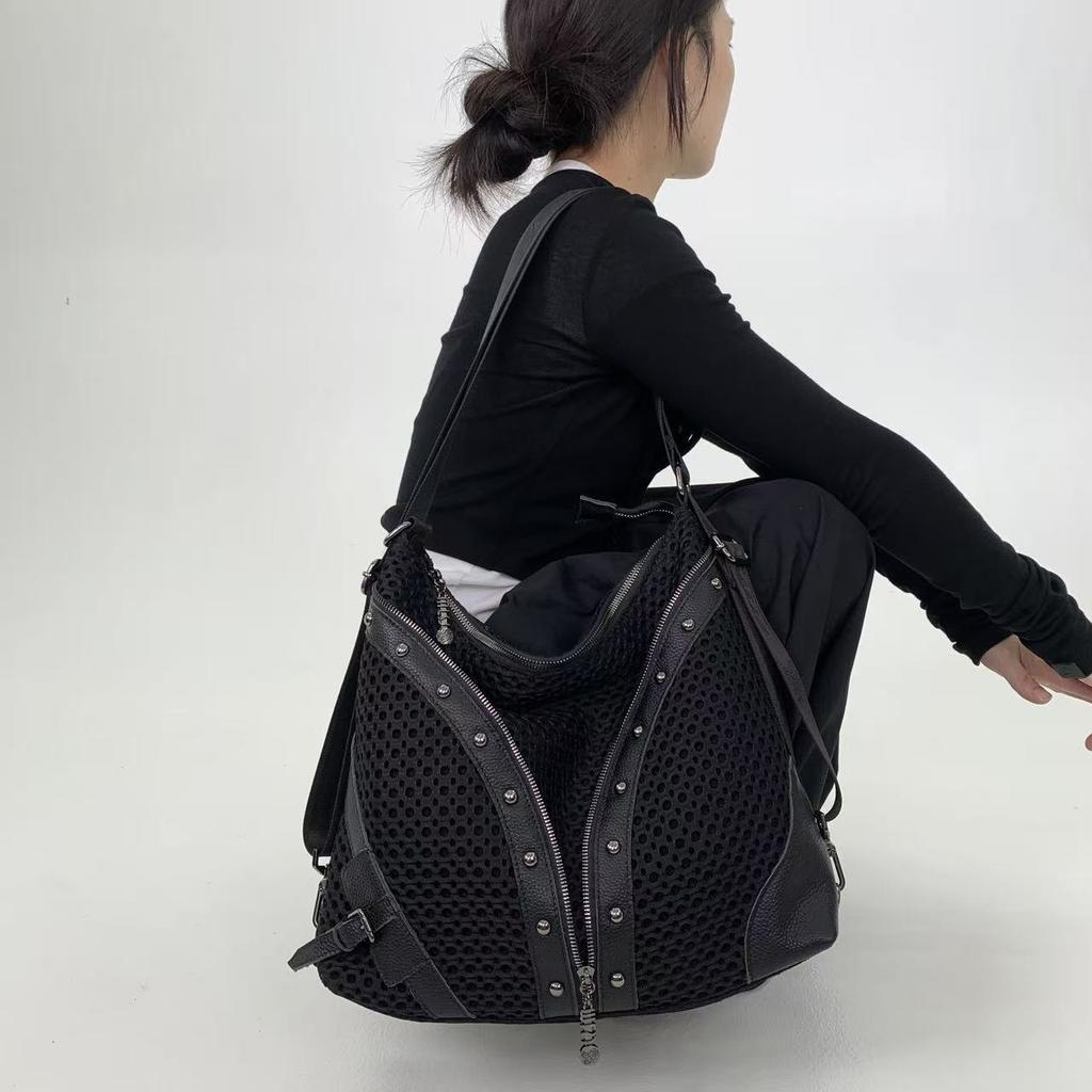 Ladies' Fashion Mesh Splicing Y2K Street Shoulder Bag Large Capacity Multi Functional Riveted Shoulder Bag