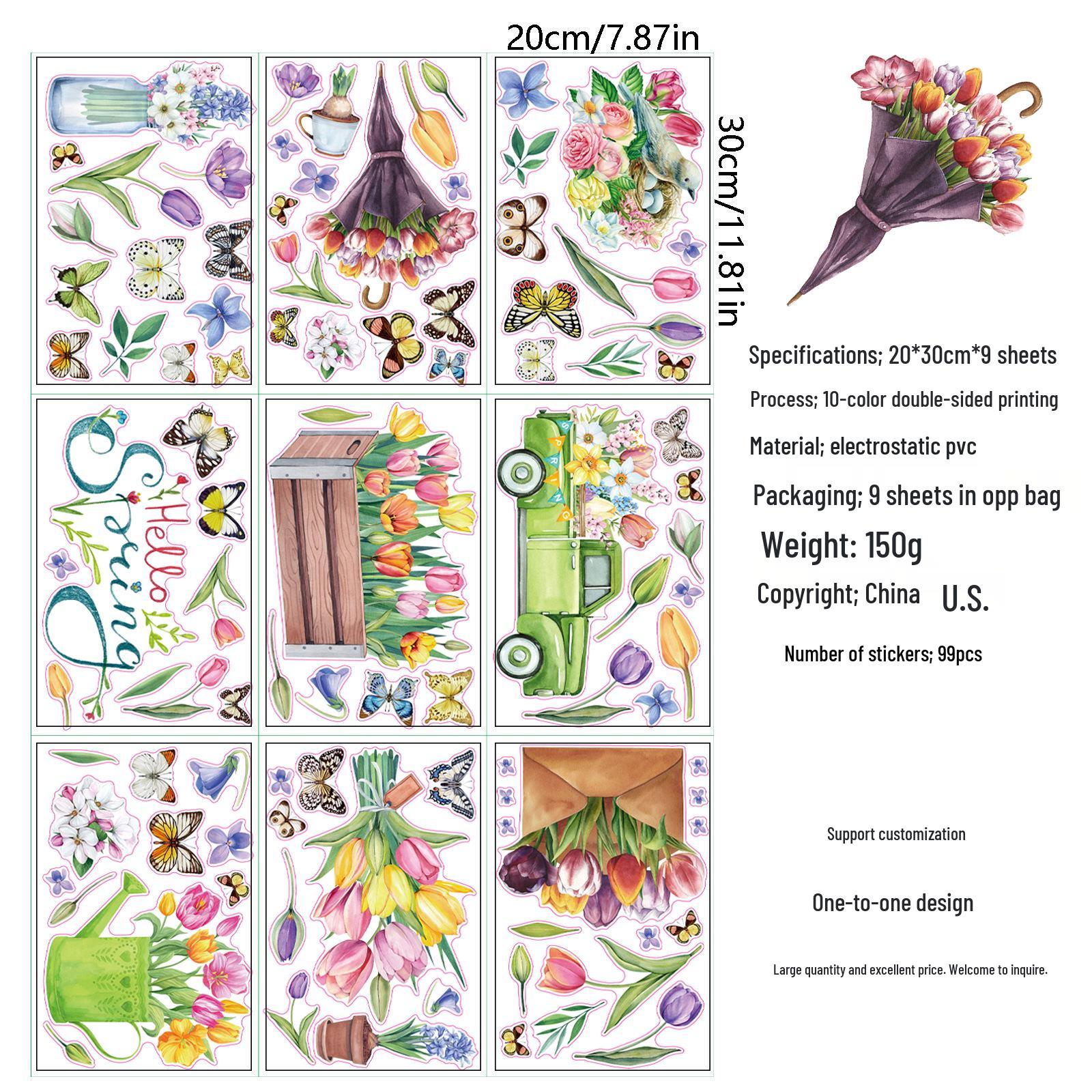 

2025 Акварельные тюльпаны и бабочки статические наклейки на окна – Весенний декор для стеклянных дверей