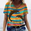 Women's T-Shirts Dolphin Print Tops V-Neck Fashion Female Vintage Aesthetics Tees Loose Oversized Funny Clothing