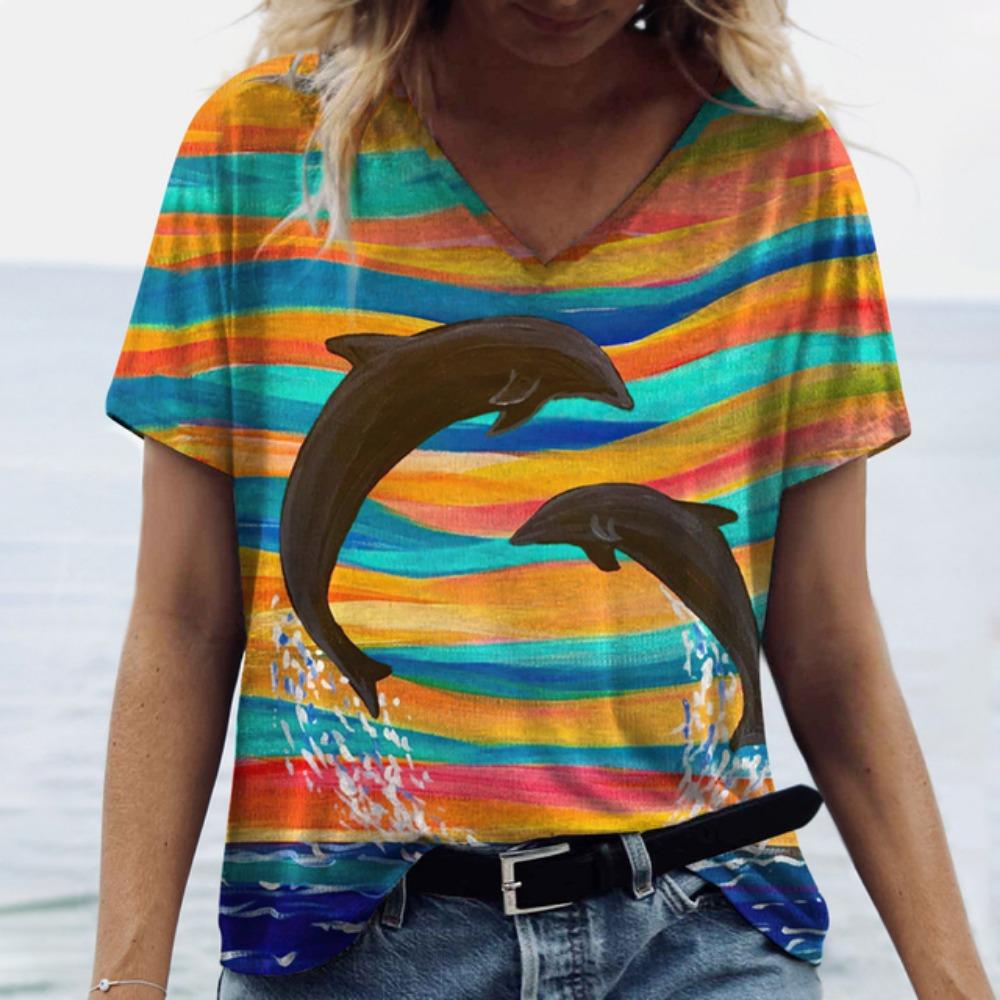 Women's T-Shirts Dolphin Print Tops V-Neck Fashion Female Vintage Aesthetics Tees Loose Oversized Funny Clothing