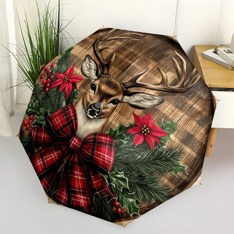 

Christmas Deer Wreath Wooden Wall Sign Decoration Umbrella, Cute Umbrella with Cute Design, Portable 3-Fold Compact Umbrella for Men & Women, Valentin
