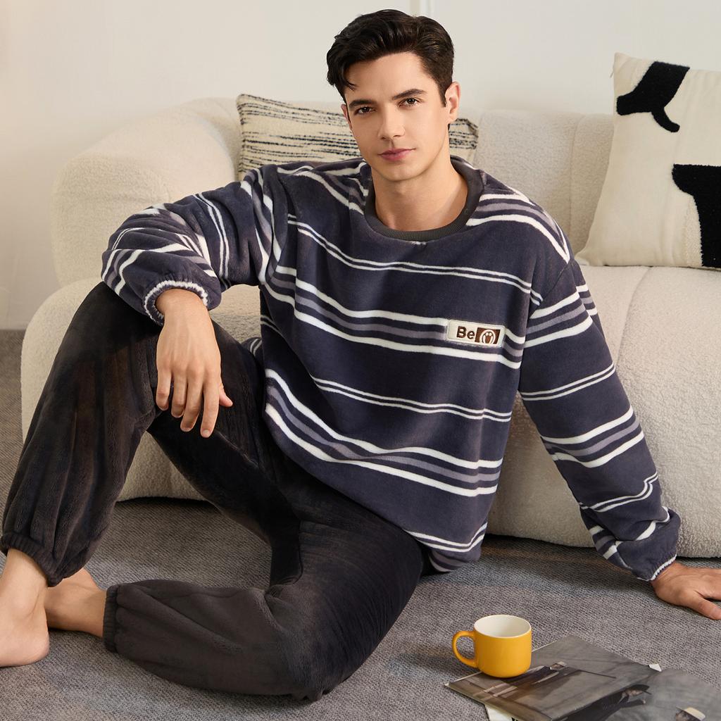Higher Quality Thickened Warm Flannel Plus Size Men Pajamas Fall and Winter Nightwear Striped Sleepwear Homewear