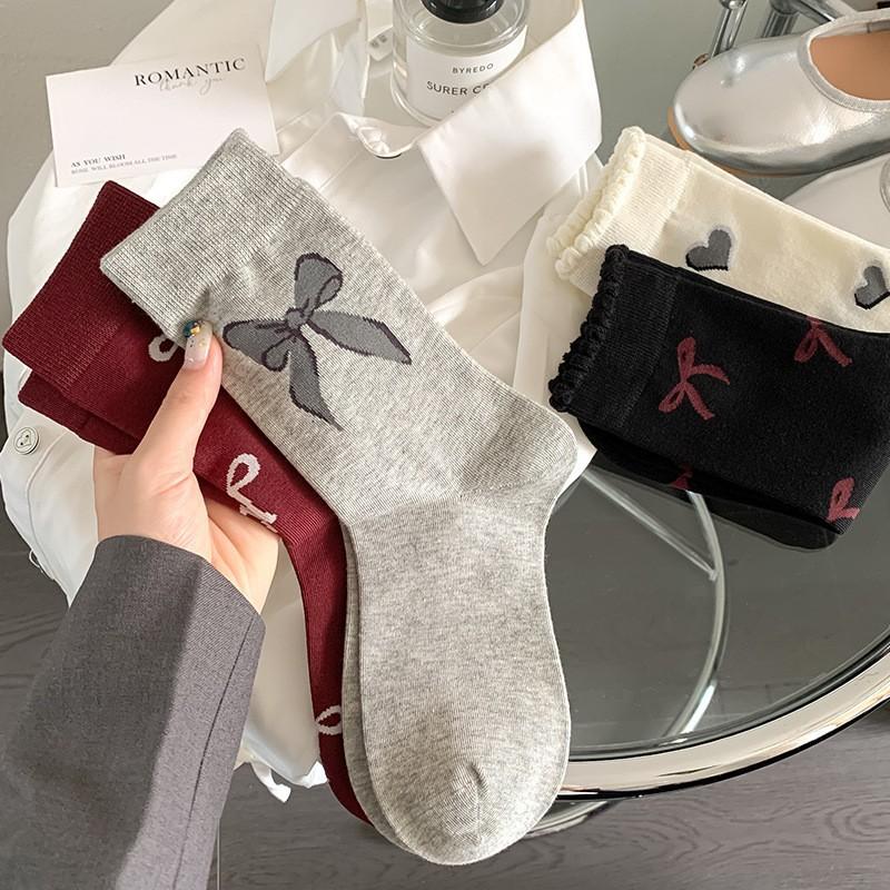 Socks Pure Cotton Medium Tube Socks Spring And Autumn Versatile Bow Love Ankola Red Cotton Stacking Socks Women