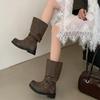 ~ Soft leather thick-soled double-buckle retro belt buckle rubbed long boots women's spring medium and high boots knight boots
