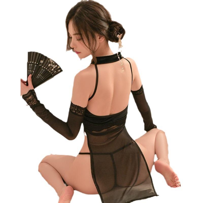 Sexy pajamas sexy underwear cheongsam seduction passion hollow women's high split perspective free uniform pajamas set