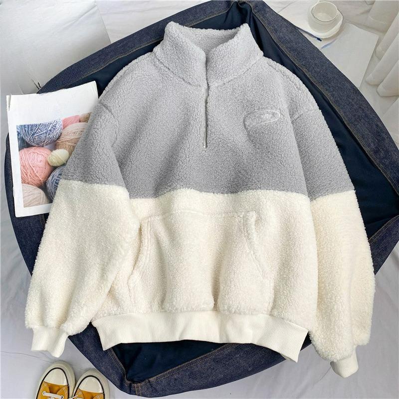 Half-high Collar Plus Velvet Thickened Lamb Fleece Sweater Women's Autumn and Winter Warm Jacket