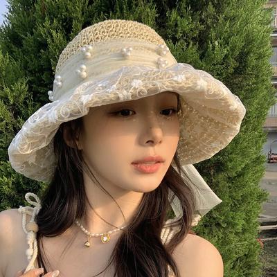 Lace Floral Sun Hat for Women - Summer Bowknot Decorated Brim  Beach Vacation Style  Sun Protection