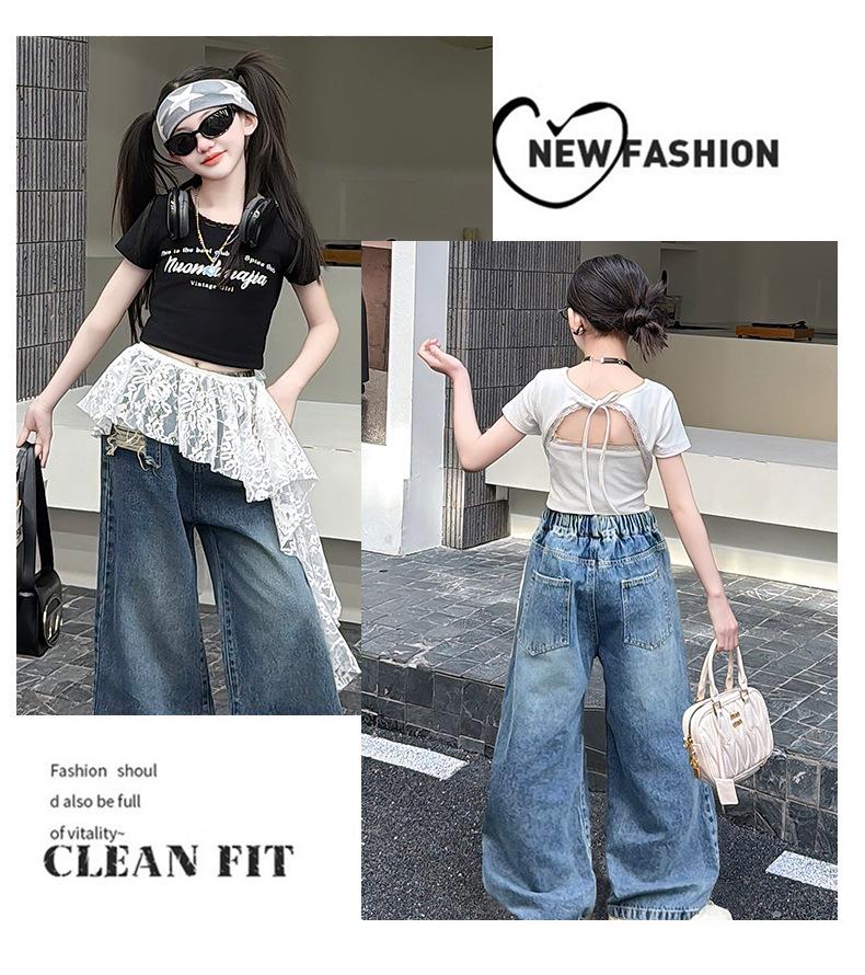 Girls' Trendy Backless T-Shirt & Jeans Set with Lace Jazz Dance Cover