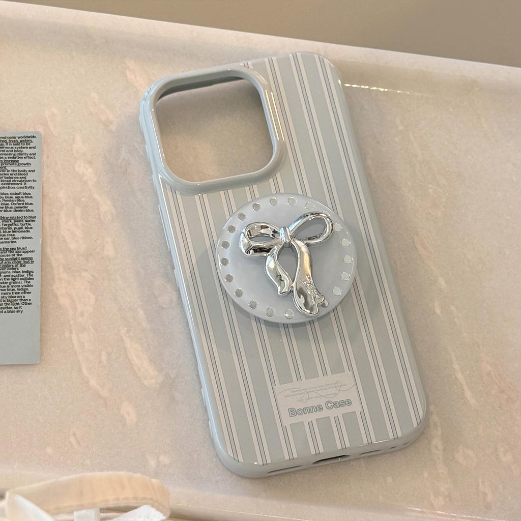 Silver Bow Bracket Apple 16 Mobile Phone Case IPhone 17 Suitable for 12 Light Luxury 15promax Blue Stripes 13 Soft
