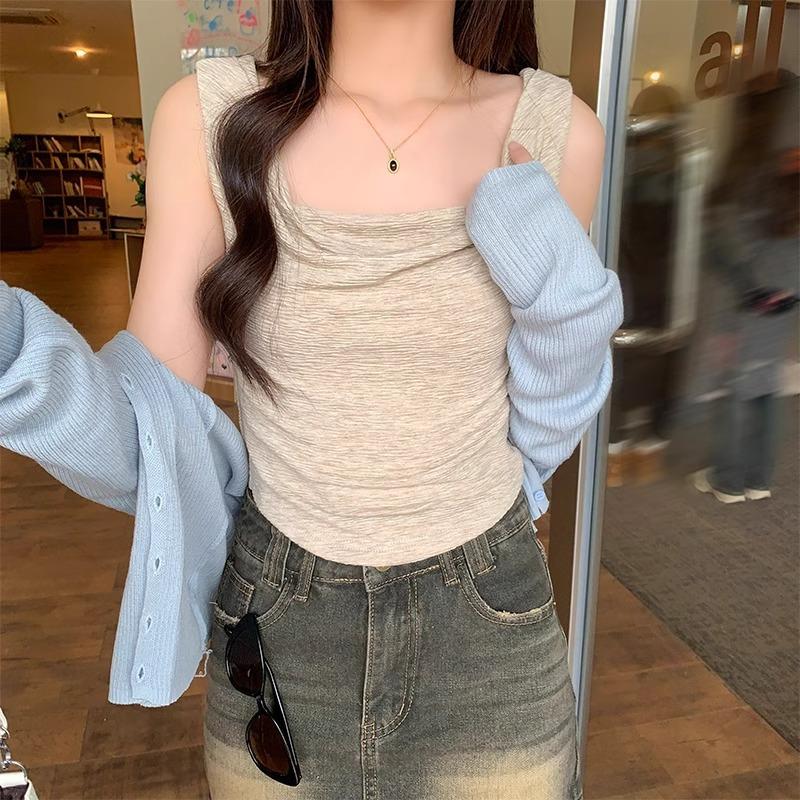 

Французский квадратный вырез без рукавов плиссированная майка женская весенний дизайн Pure Desire Hot Girl тонкий и шикарный внешний топ XL