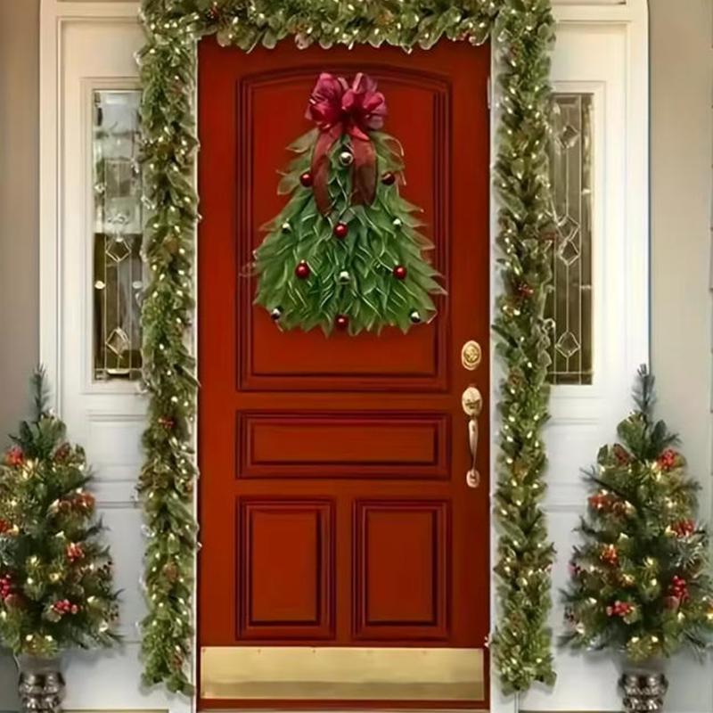 Christmas Tree Wreath with Bowknot Elegant Front Door Hanging Ornament for Garden Room Xmas Decoration New Year Festival