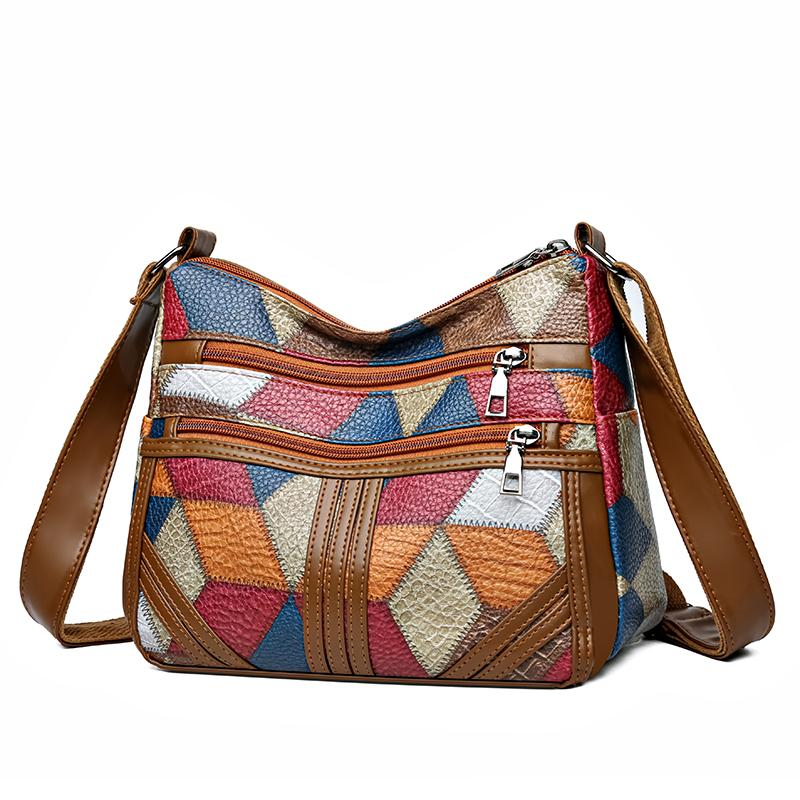 Borsa a tracolla multistrato con decorazione a quadri a blocchi di colore, grande capacità, per uso quotidiano, per donna, vintage