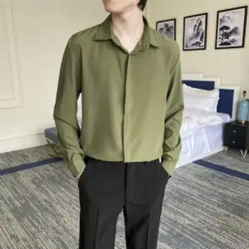 New Summer High End Handsome Fashion Cool Style Flip Collar Buckle Casual Loose Oversize Ice Silk Solid Color Shirt for Men