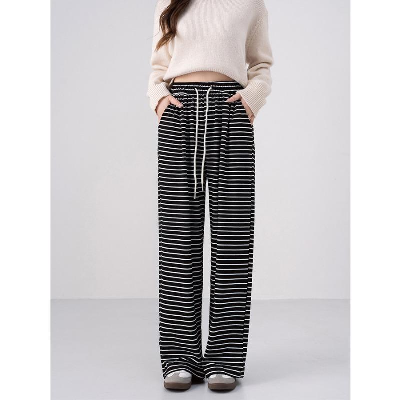 New Lazy Striped Wide Leg Pants Women's Autumn Lace-Up Elastic Waist Loose and Skinny Casual Straight Floor Mopping Pants