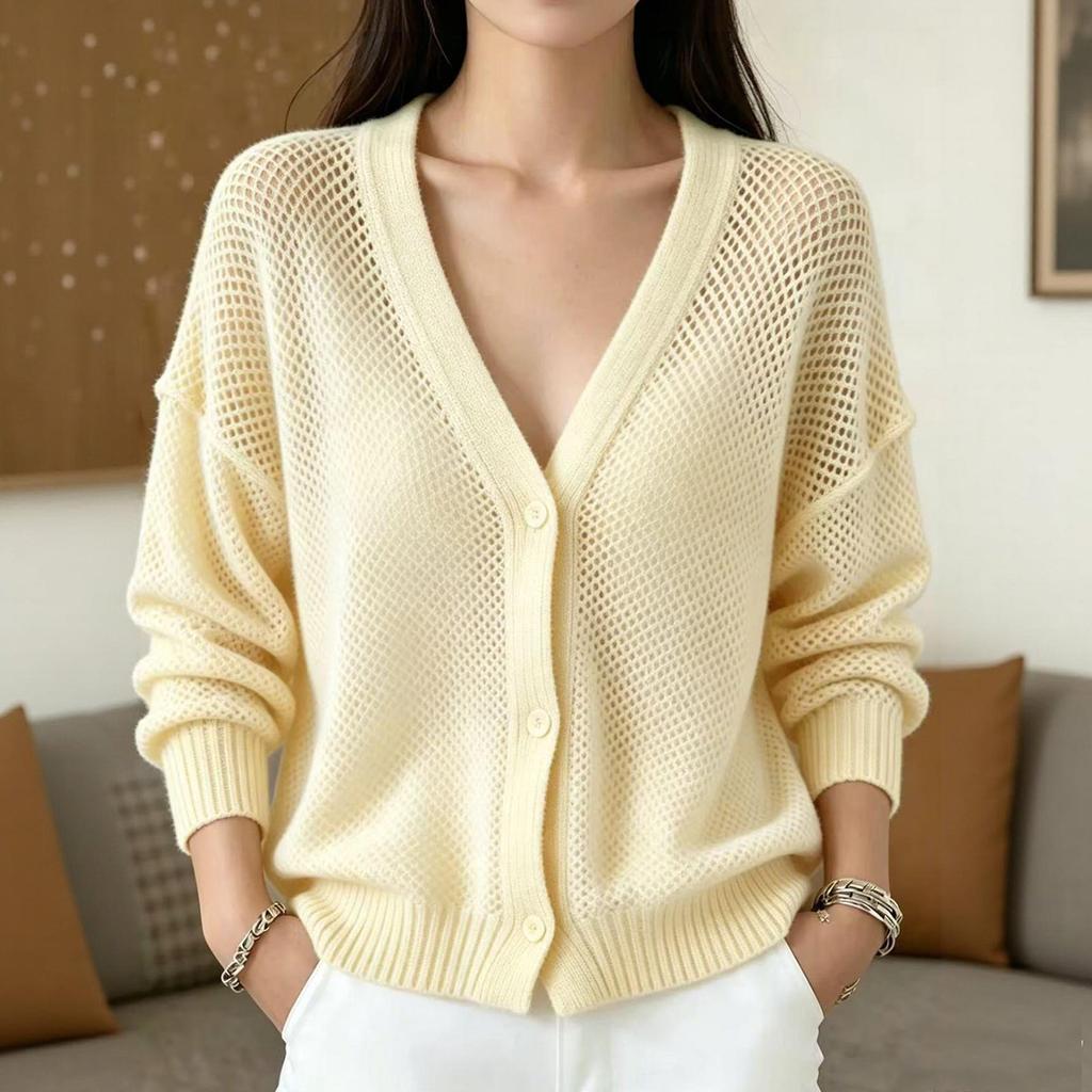 Women's Openwork V-Neck Cardigan Loose Fit Lightweight Long Sleeve Knit Top for Casual Daily Wear