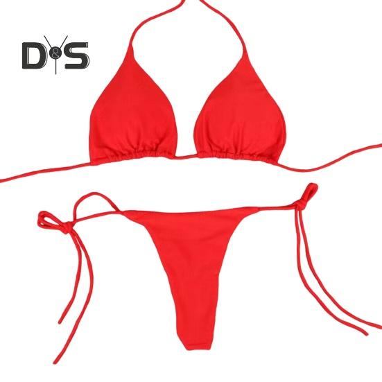 

2 шт./комплект, женский купальник-бикини с треугольными чашечками, бретельками через шею, с подкладками для груди, купальник-стринги со шнуровкой, сексуальный пляжный костюм для отдыха на пляже и у бассейна M красный