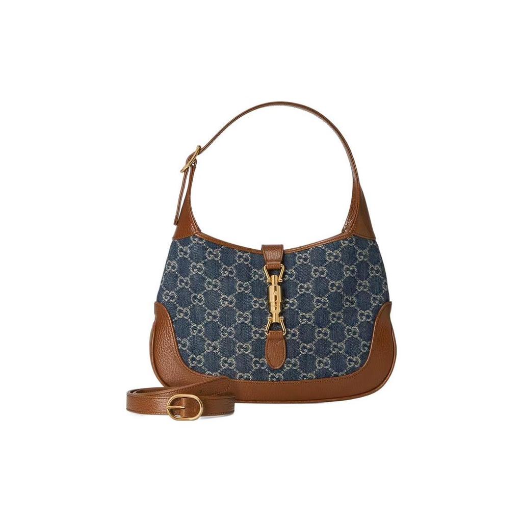 Gucci Jackie 1961 Small Shoulder Bag GG Denim Canvas Brown Leather Gold Hardware Hobo Handbag for Women Daily Commute Shopping 636706-2KQGG-8375