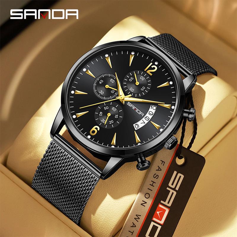 Sanda Retro Men's Waterproof Quartz Wristwatch with Small Seconds and Calendar - Fashionable Steel Band.