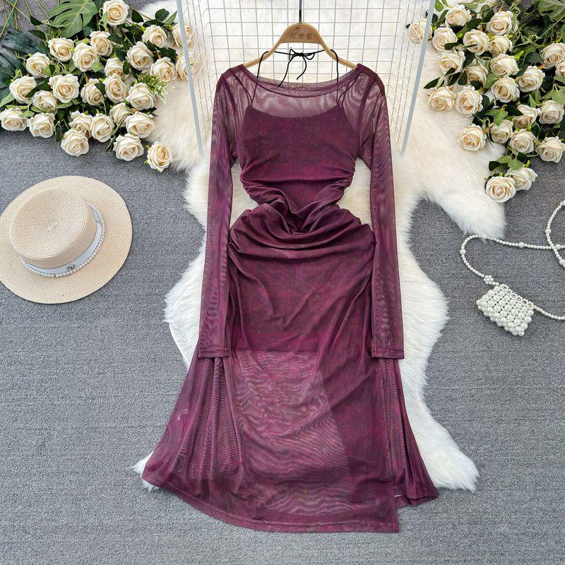 Spring and Autumn Retro Sexy Long Sleeves Suspender Skirt Mesh