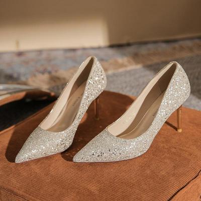 6681-23 French Xiuhe Bridal Set: Convertible Sequin Wedding Shoes, Pointed Toe Stilettos