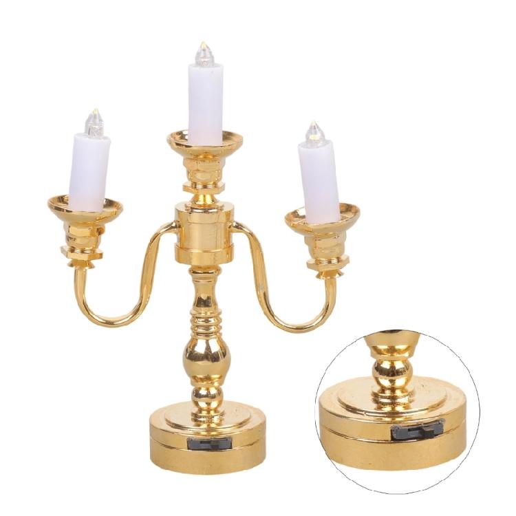 1/12 Antique Candelabra Table Lamp with Metal Frame Golden Candlestick Lamp for Doll House Decoration Landscape Props