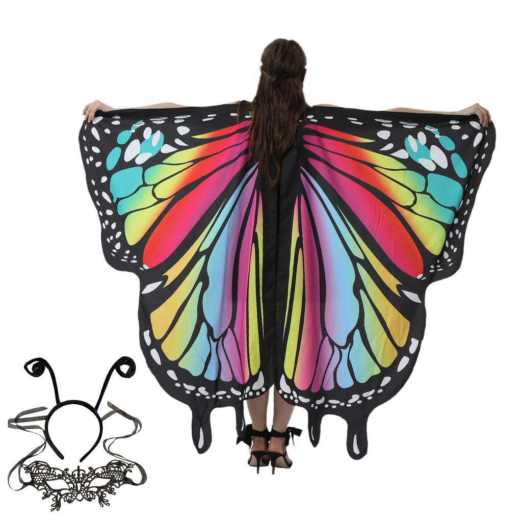 Halloween Costume for Adult Women Butterfly Wing Fairy Shawl with Antenna Headband Soft Lace Mask Cosplay Dress Up