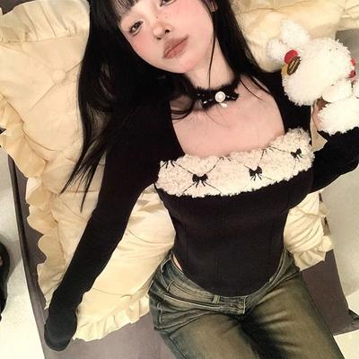 2KWEIRD  Temperament Women Tshirts Slim Waist Knitted Tees Crop Tops Fashion Vintage Lace Ruffles Tunic Sexy T-shirt
