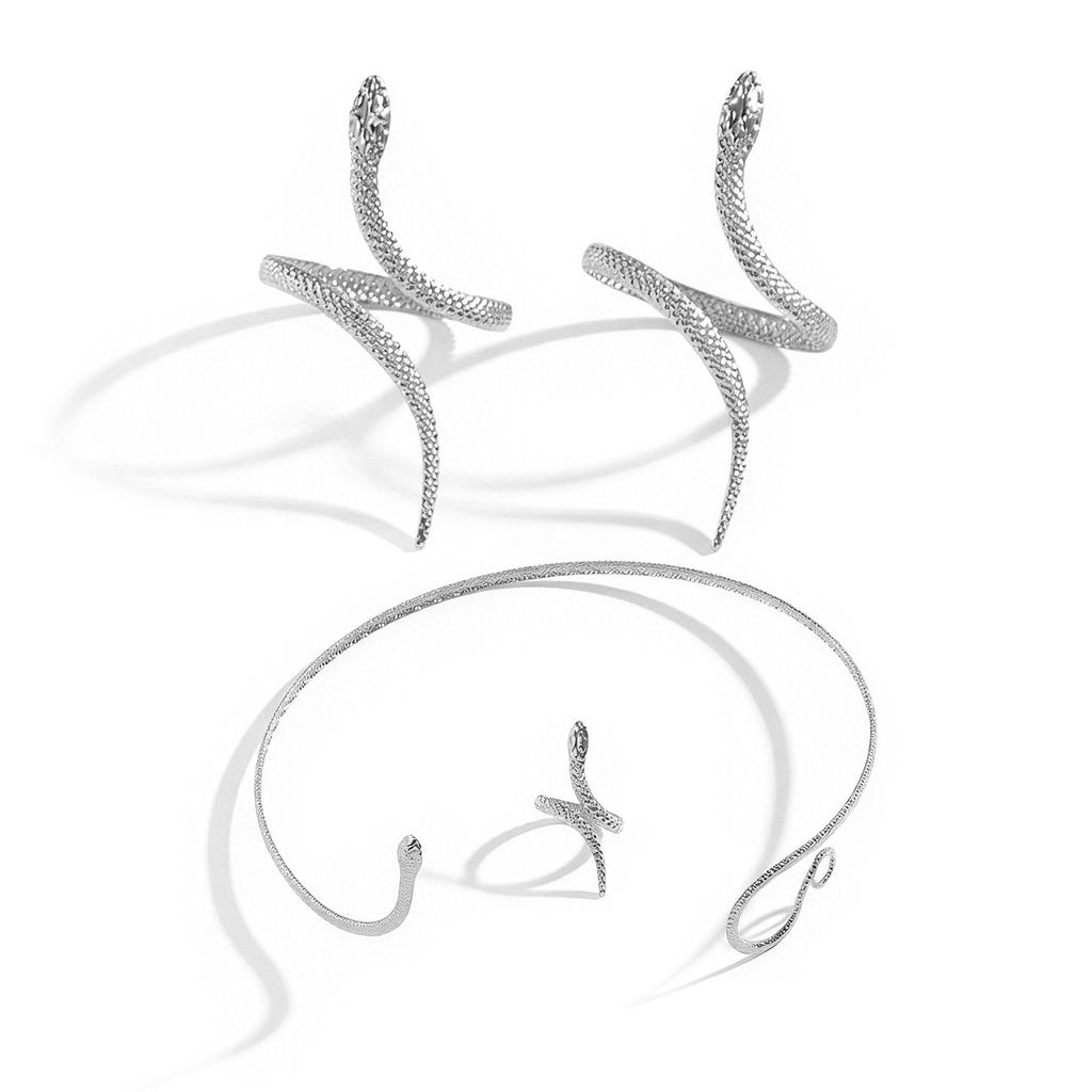 Vintage Metal Jewelry Set Snake Design Arm Cuffs Necklace Rings Gift for Woman Friend