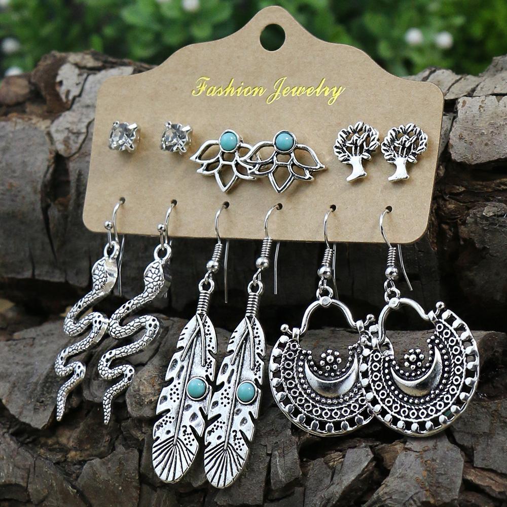 Vintage Fashion Earring Set Silver Plated Turquoise Inlaid Beaded Large Collar Snake Leaf Decoration Party Gifts