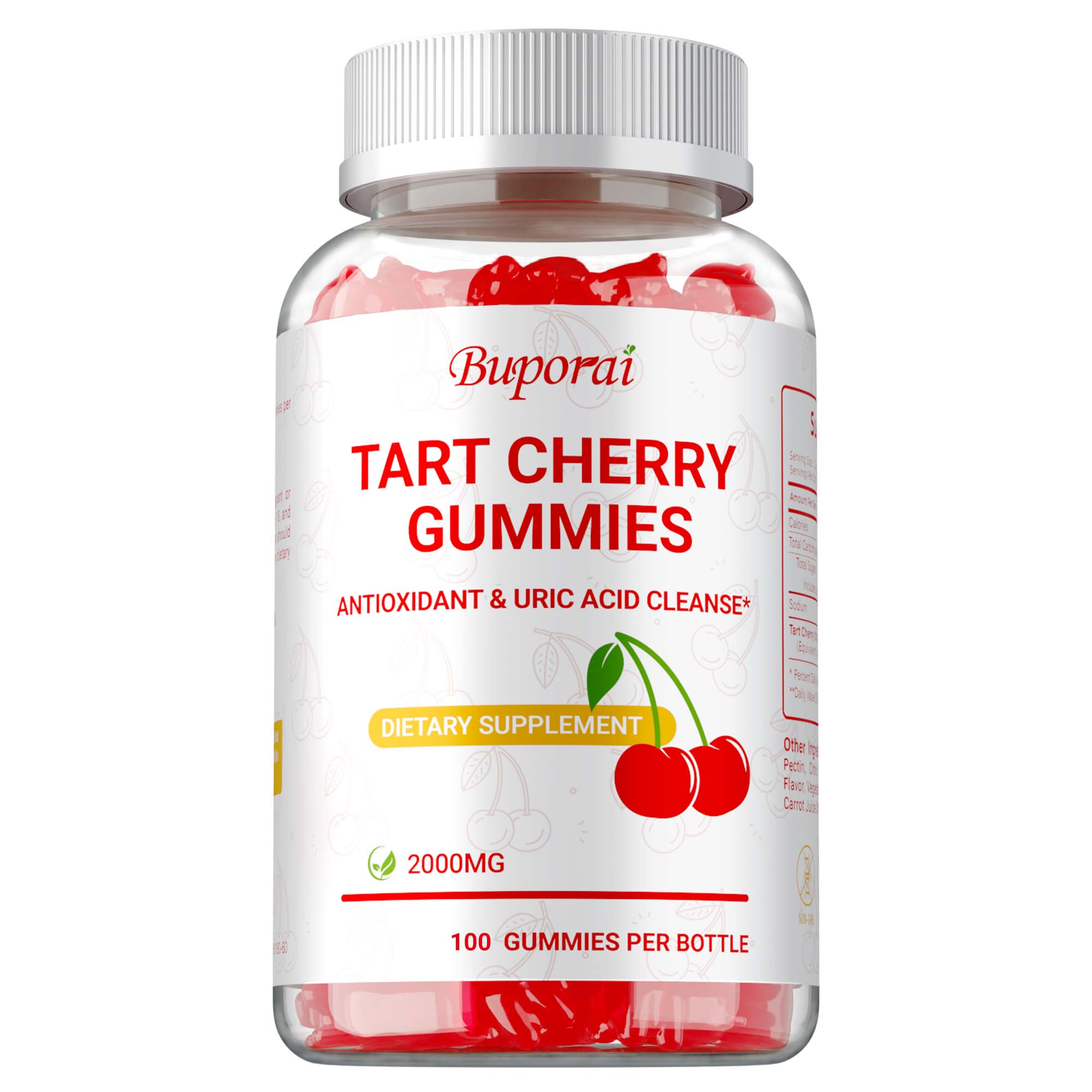 

Tart cherry gummies, help clear uric acid, 2000mg per serving, support joint health, vegan, antioxidant support. 100