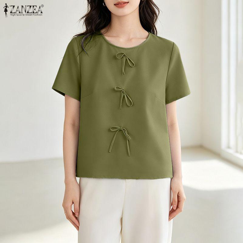 ZANZEA Women Casual Round Neck Solid Color Loose Short Sleeve Blouse