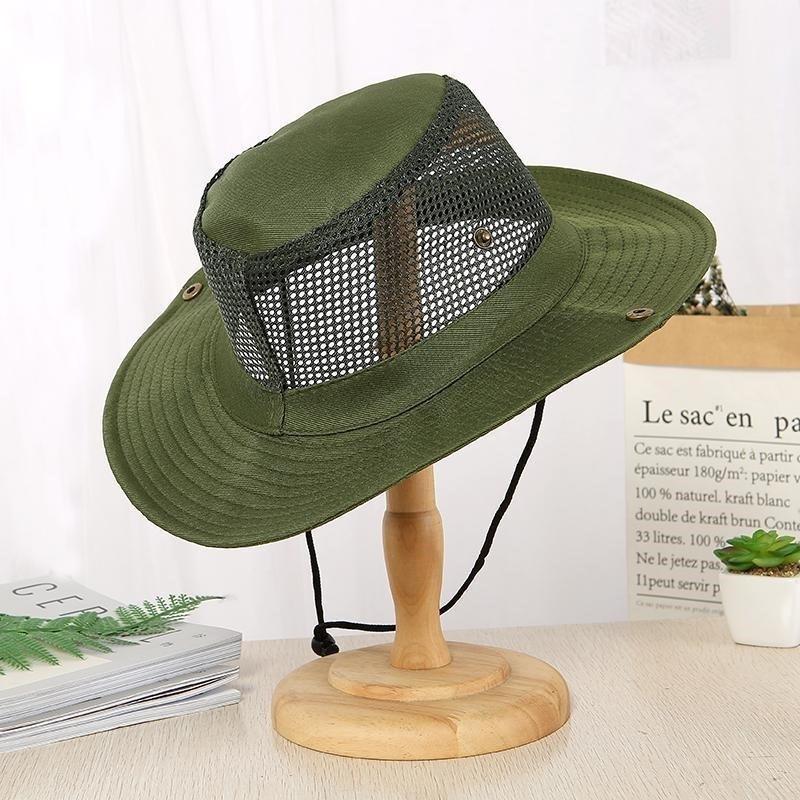 Men's Camo Mesh Sun Hat Wide Brim Breathable Bucket Hat UV Protection Outdoor Fishing Cap