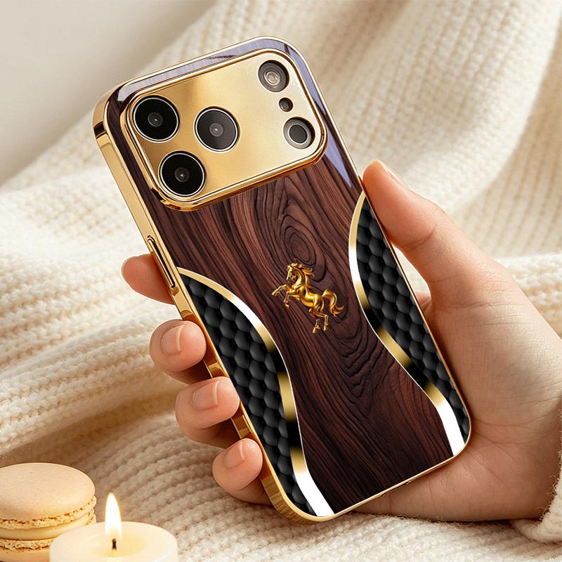Luxurious and Noble Steed Electroplated Golden Phone Case For iPhone 17 16 15 14 13 12 11 Pro Max Plus 16E 17Air 7 8 Back Cover