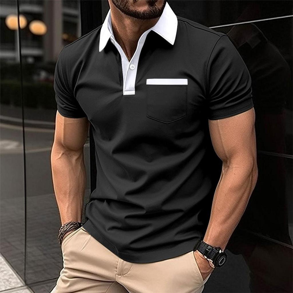 Summer New Men's Casual Chest Pocket Solid Colour Short-sleeved Casual T-shirt POLO Shirt Tops