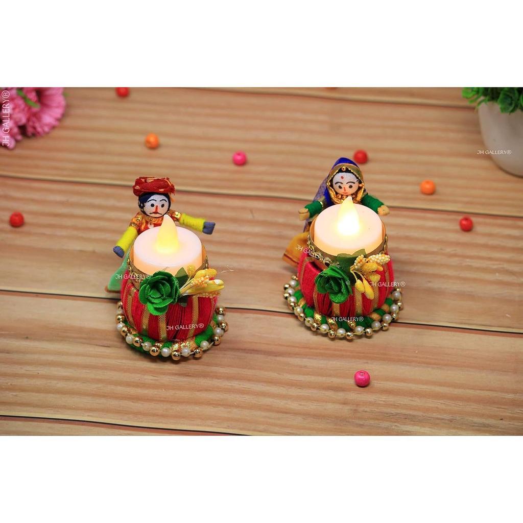 Recycled Material Rajasthani Raja Rani Puppet/Dolls Decorative Tealight Candle Holder (Pack of 2)