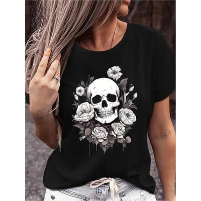 Womens Casual Skull Floral Graphic Tee Black White Print Relaxed Fit Round Neck Short Sleeve Breathable Machine Washable Edgy Semitransparent Summer