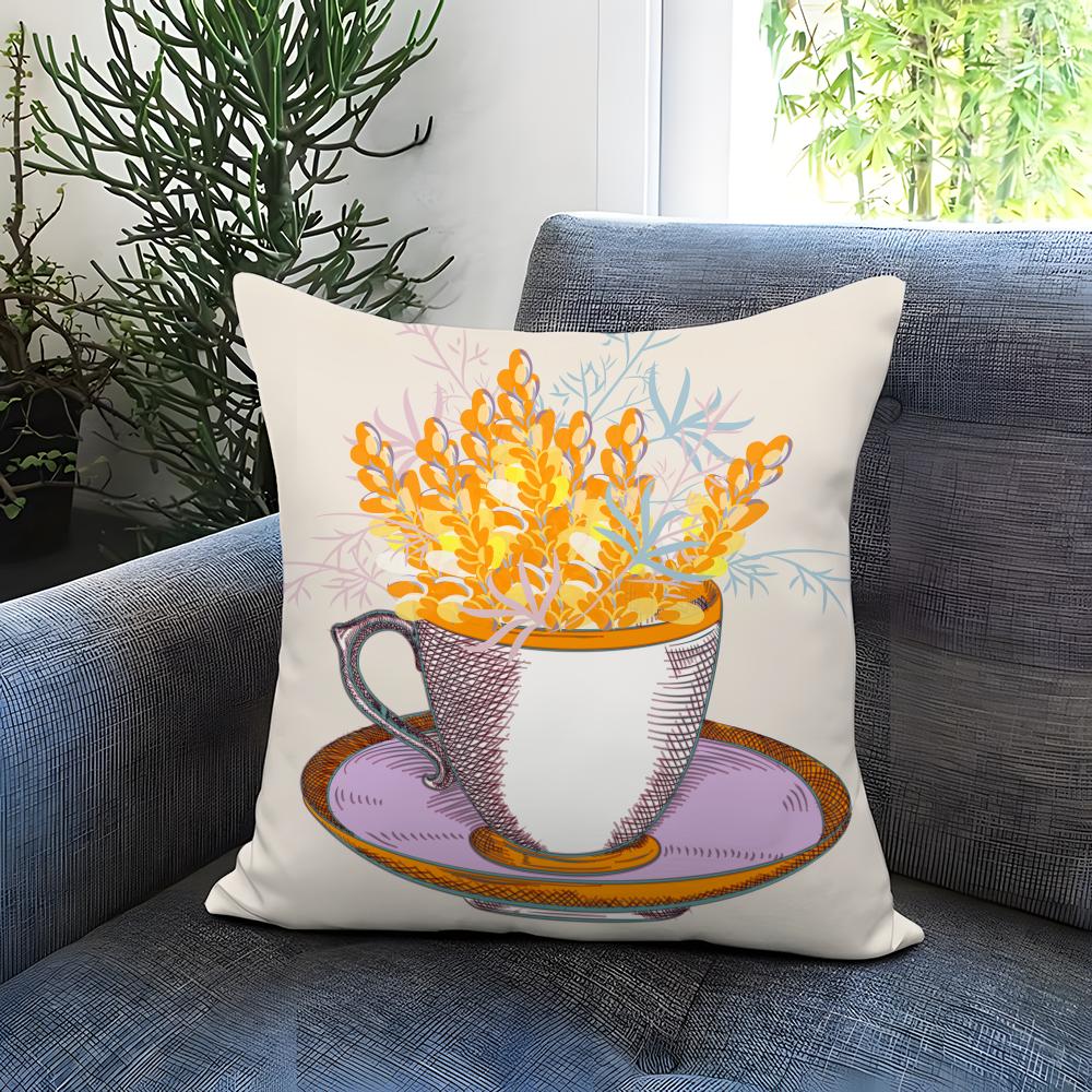 Popular C-CCup of Flowers Cushion Cover Comfortable Reversible Pillow Cover Ideal for Car Sofa Bedroom & Beyond