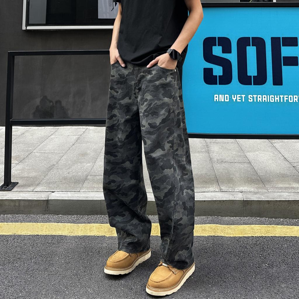 American retro camouflage jeans men's ruffian handsome high street trendy brand lumberjack straight wide-leg versatile casual pants